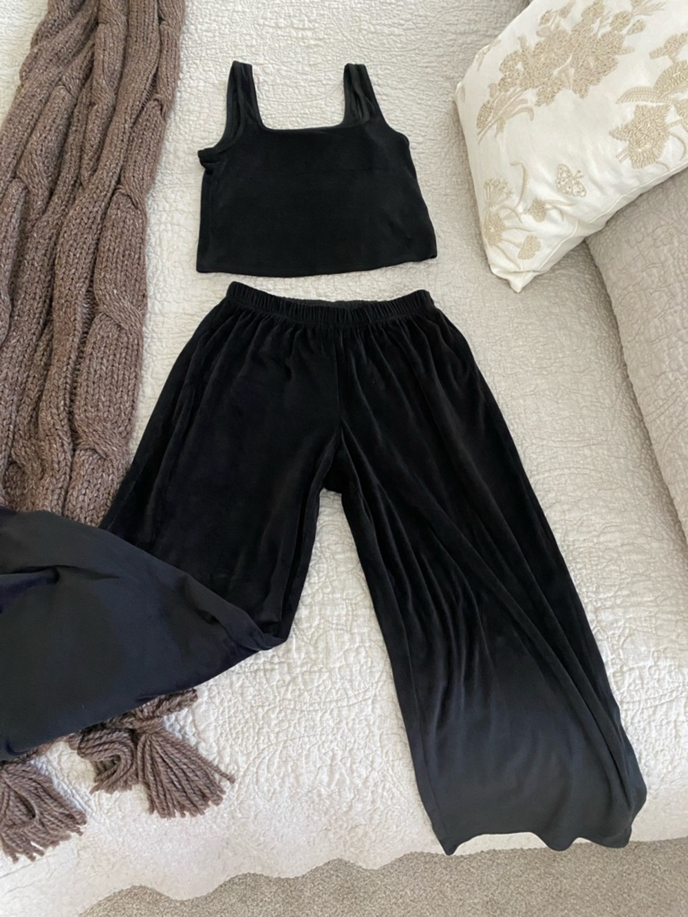 Old Navy Black Velvet Pajama Set - Cropped Tank & Wide Leg Pants